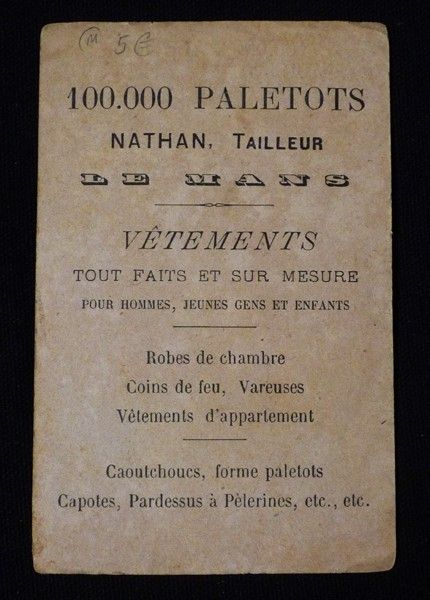 Chromo devinette publicitaire 100.000 Paletots du tailleur Nathan, Le Mans