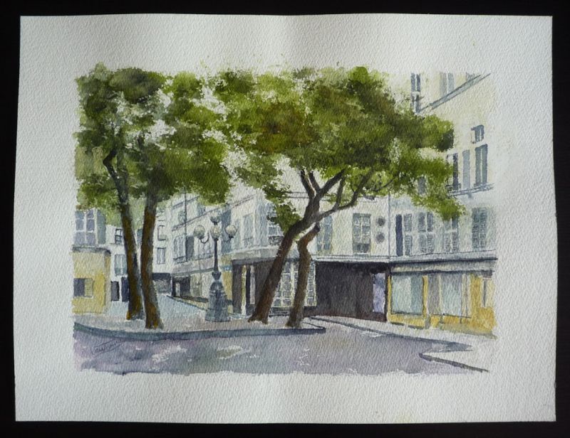 Aquarelle originale de Vaubourg : Place arborée en ville