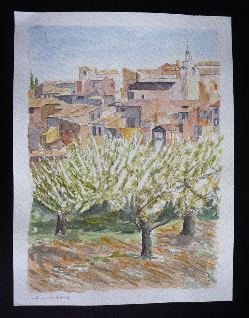 Aquarelle originale de Vaubourg : Printemps méridional