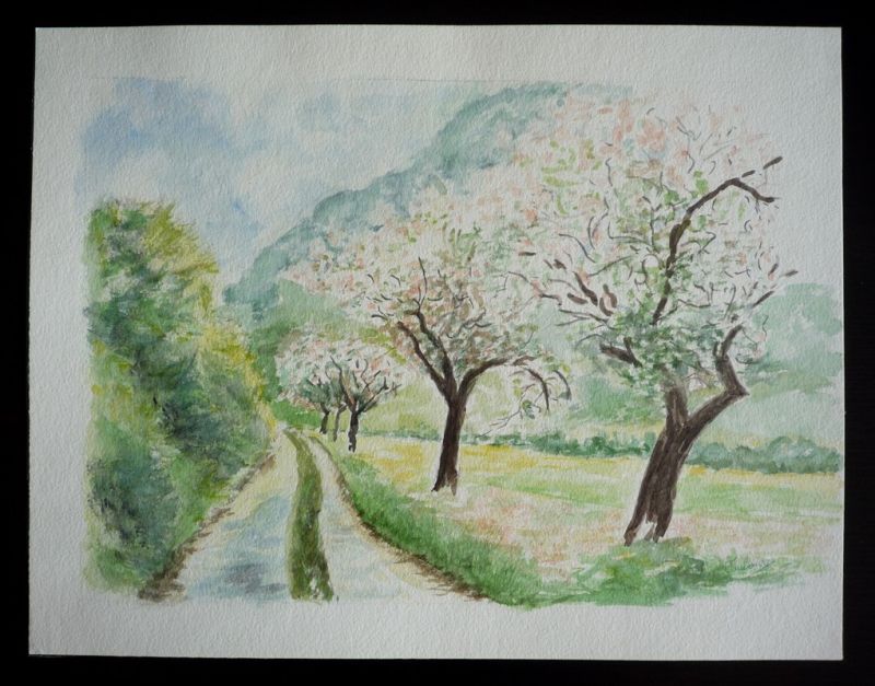 Aquarelle originale de Vaubourg : Chemin au printemps