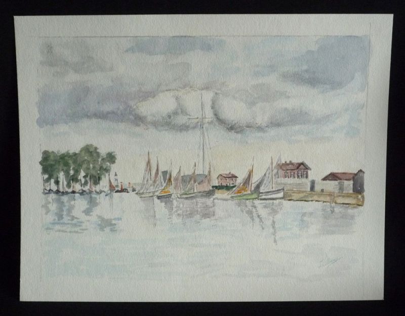 Aquarelle originale de Vaubourg : Port d'Honfleur