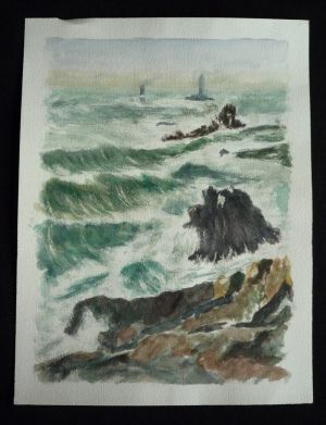 Aquarelle originale de Vaubourg : Gros temps à la Point du Raz