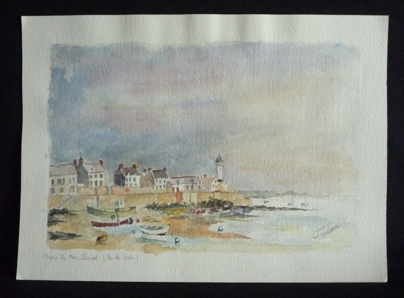 Aquarelle originale de Vaubourg : Phare de Men Brial (île de Sein)