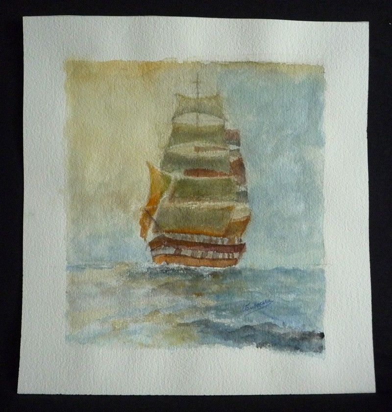 Aquarelle originale de Vaubourg : Navire à voile