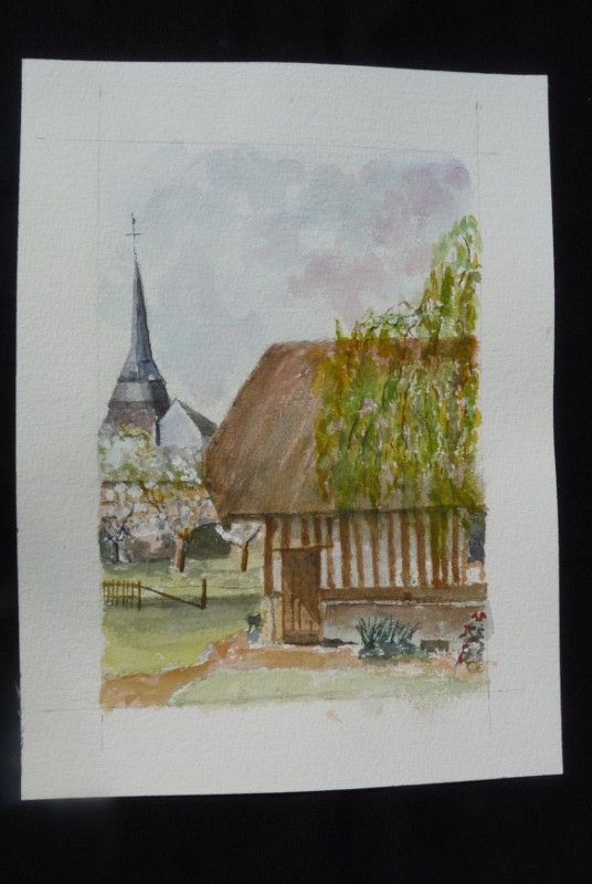 Aquarelle originale de Vaubourg : chaumière