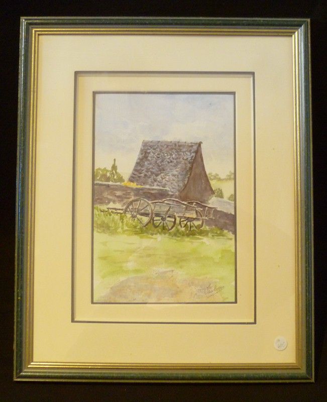 Aquarelle originale de Vaubourg : Paysage campagnard, charrette et maisonnette (encadrée)