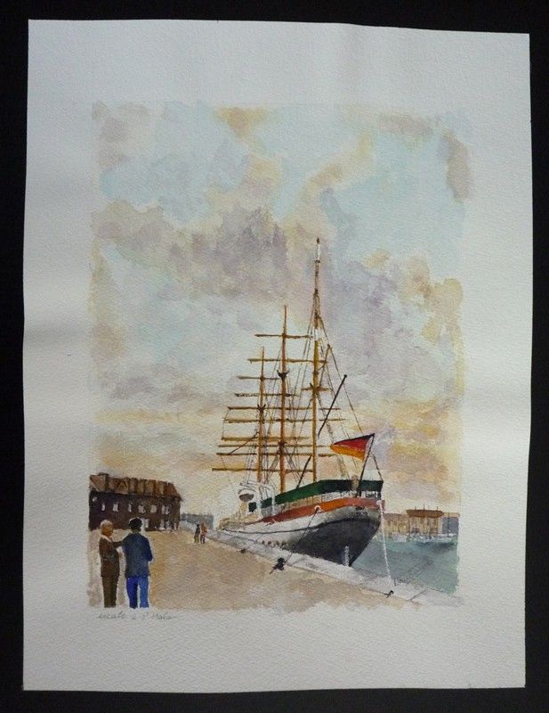 Aquarelle originale de Vaubourg : Escale à Saint Malo