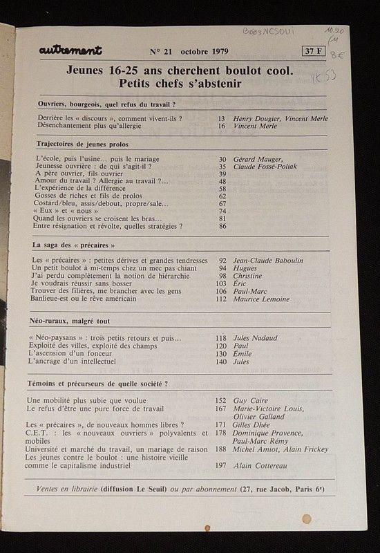 Autrement (n°21, octobre 1979) : Jeunes 16-25 ans cherchent boulot cool. Petits chefs s'abstenir