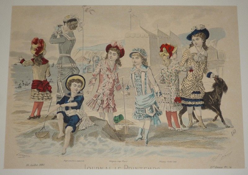 Gravure XIXe siècle tirée du Journal Le Printemps (16 juillet 1880, 15e année, Pl. 14) : A la plage