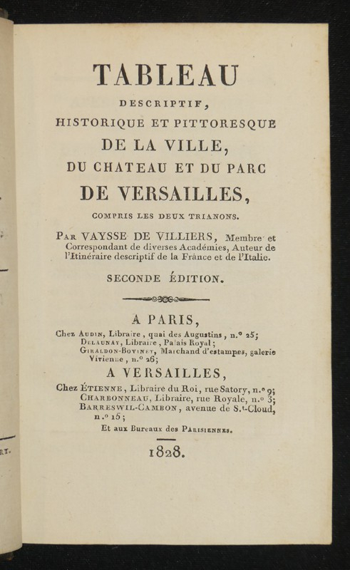 Tableau descriptif historique et pittoresque de la ville du chateau et du parc de versailles, compris les deux Trianon