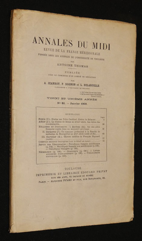 Annales du midi, revue de la France méridionale, n°81, janvier 1909 (21e année)