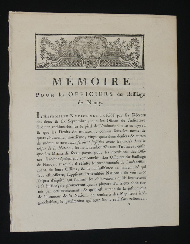 Mémoire pour les officiers du Baillage de Nancy